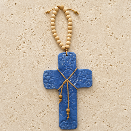 Patterned Blue Ceramic Cross