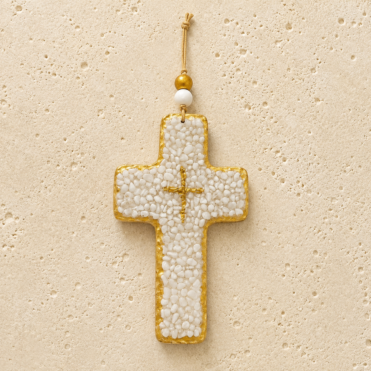 Handmade White Gemstone Chip Ceramic Cross