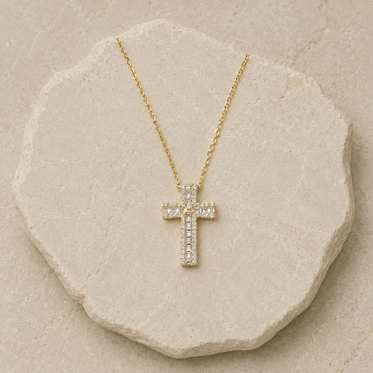 Cubic Zirconia Cross Pendant Necklace Gold