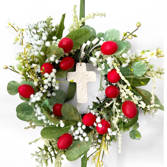 Red Egg & Ceramic Cross Easter Wreath