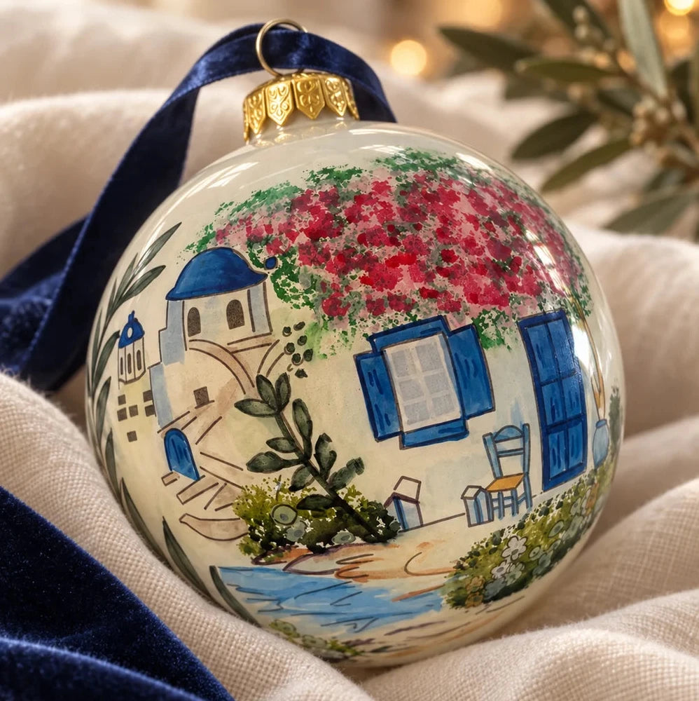 Santorini Hand Painted Glass Christmas Bauble