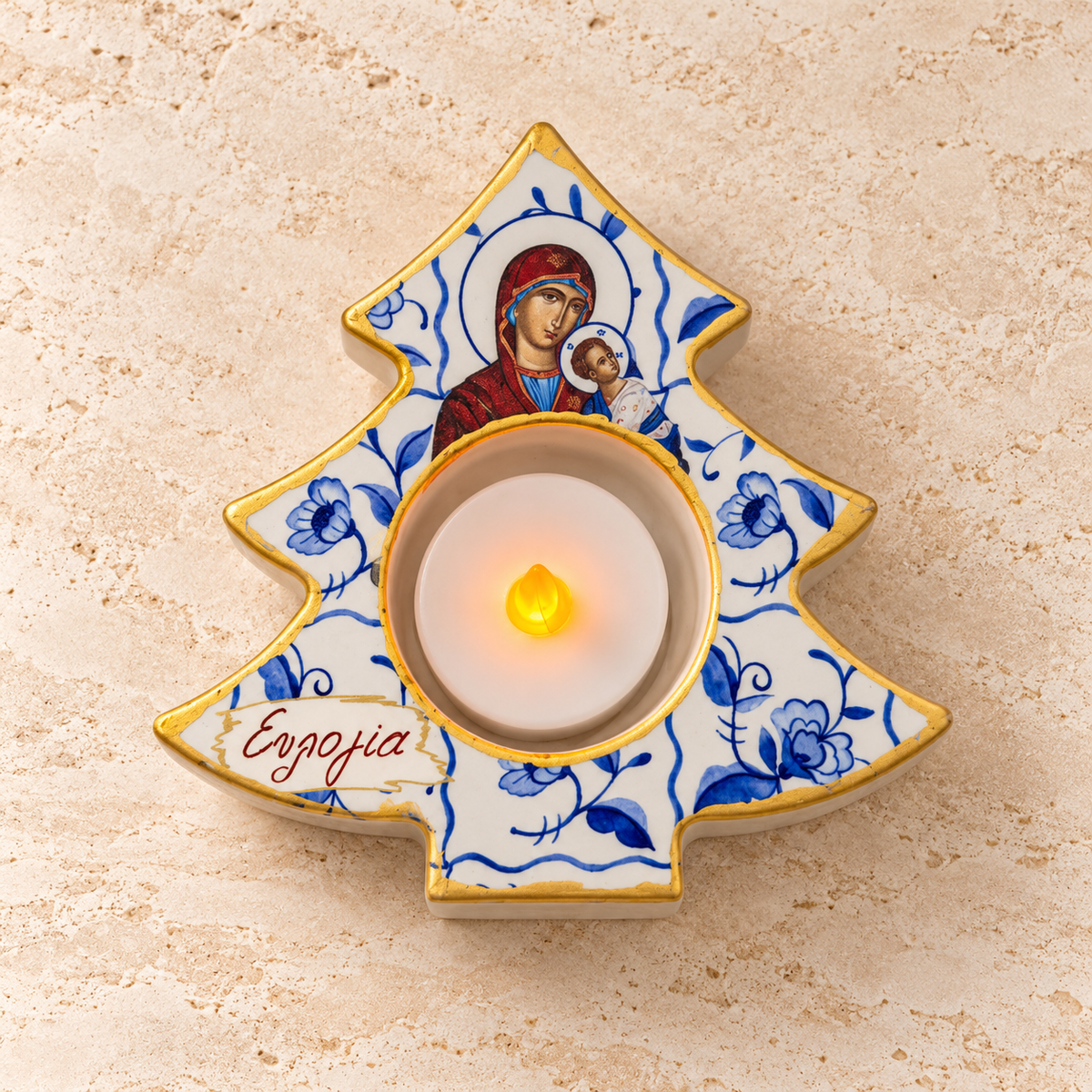 Mary and Jesus Christmas Tree Tea Light Holder