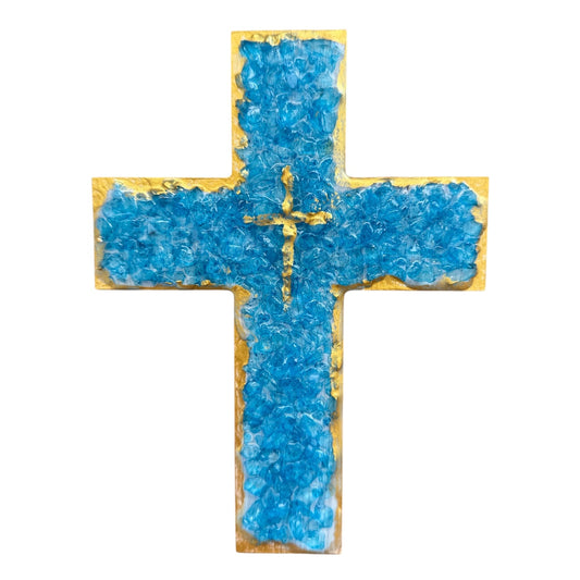 Blue Gemstone Chip Wooden Cross