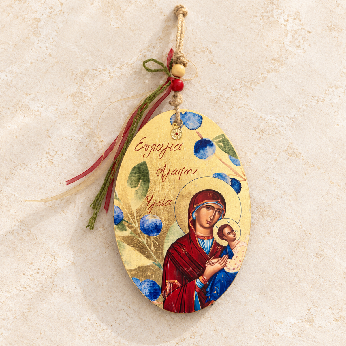 18K Gold-Painted Ceramic Icon – Mary and Jesus