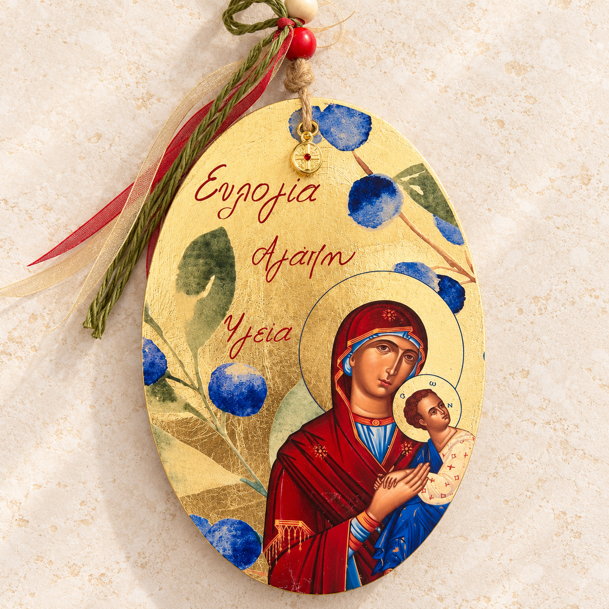 18K Gold-Painted Ceramic Icon – Mary and Jesus