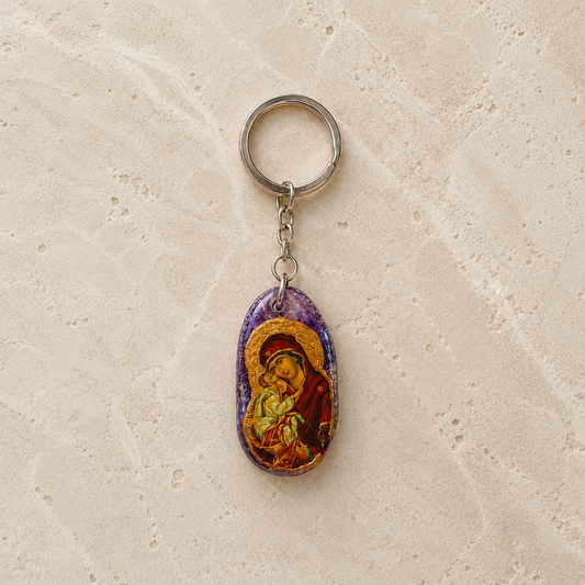Mary & Jesus Icon Agate Gemstone Keyring