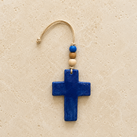 Handmade Ceramic Blue Cross Ornament