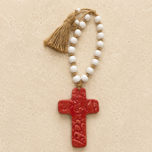 Red Ceramic Cross with Wooden Beads & Rope Tassel