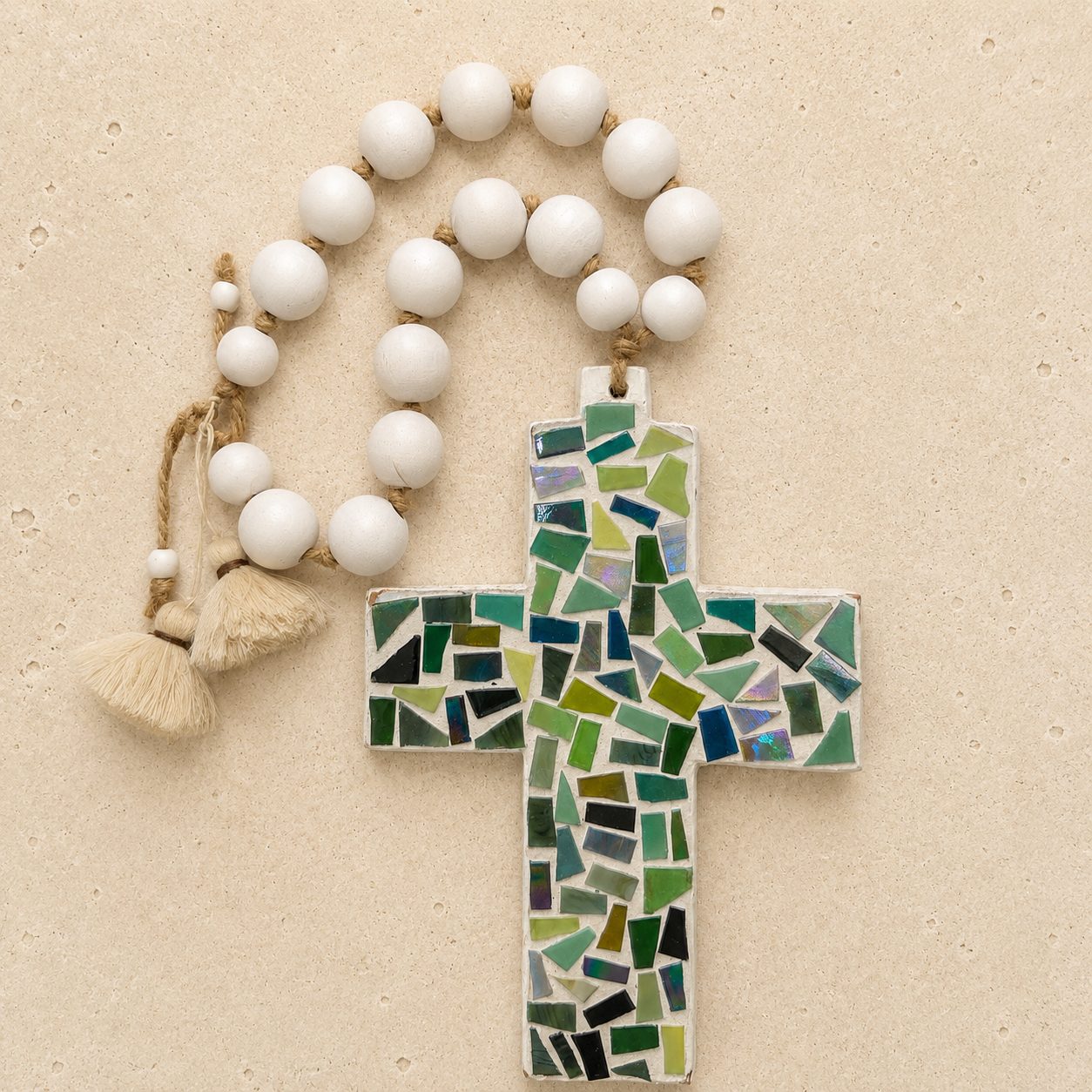 Green Mosaic Cross with White Wooden Beads & Tassels