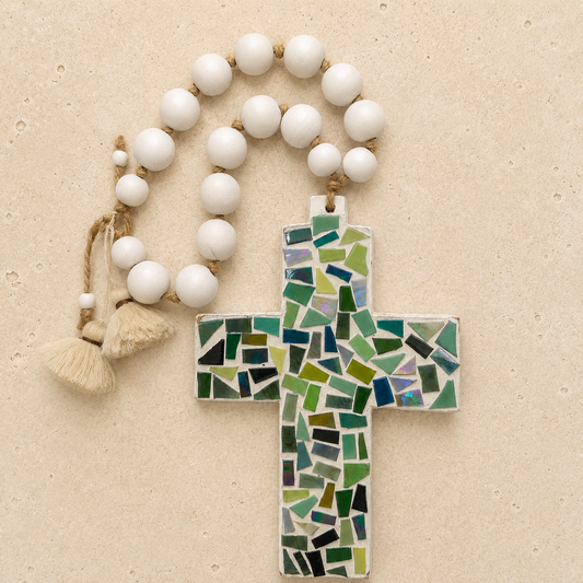Green Mosaic Cross with White Wooden Beads & Tassels
