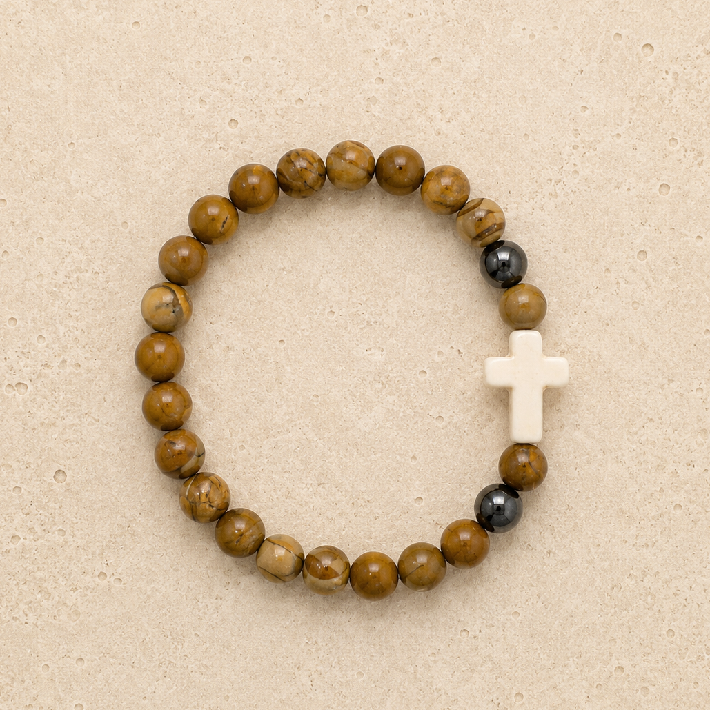 White Cross Gemstone Beaded Mens Bracelet