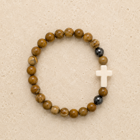 White Cross Gemstone Beaded Mens Bracelet