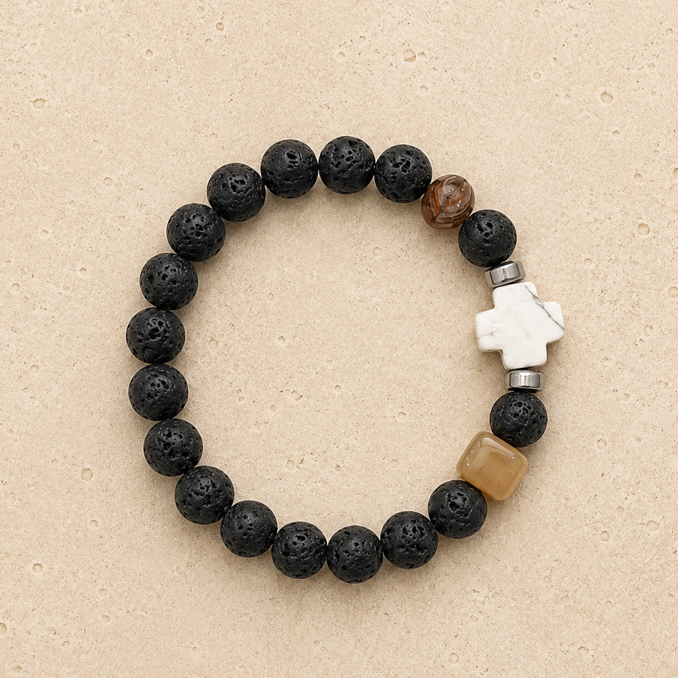 Lava Stone White Cross Beaded Mens Bracelet