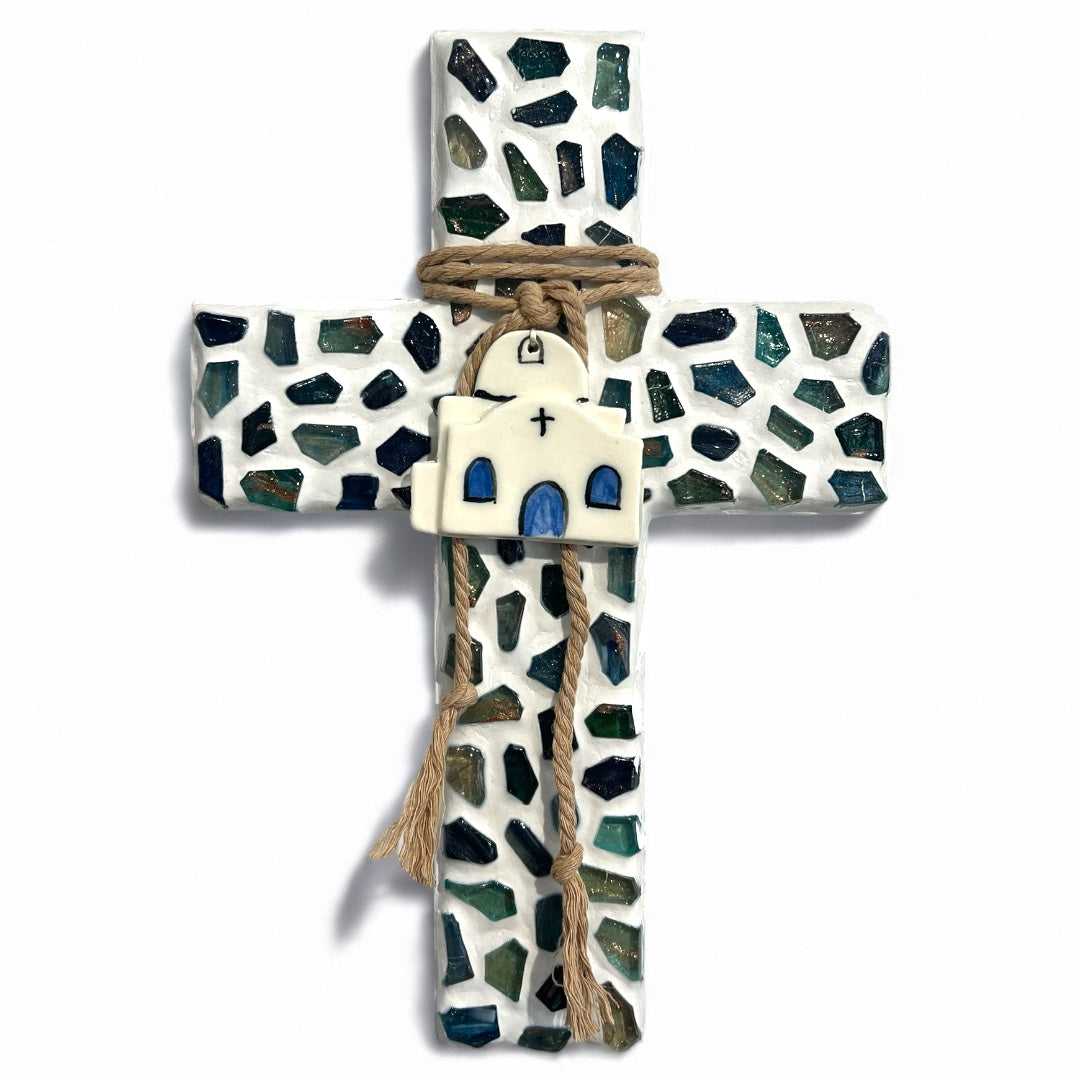 Ceramic Church On Mosaic Wooden Cross