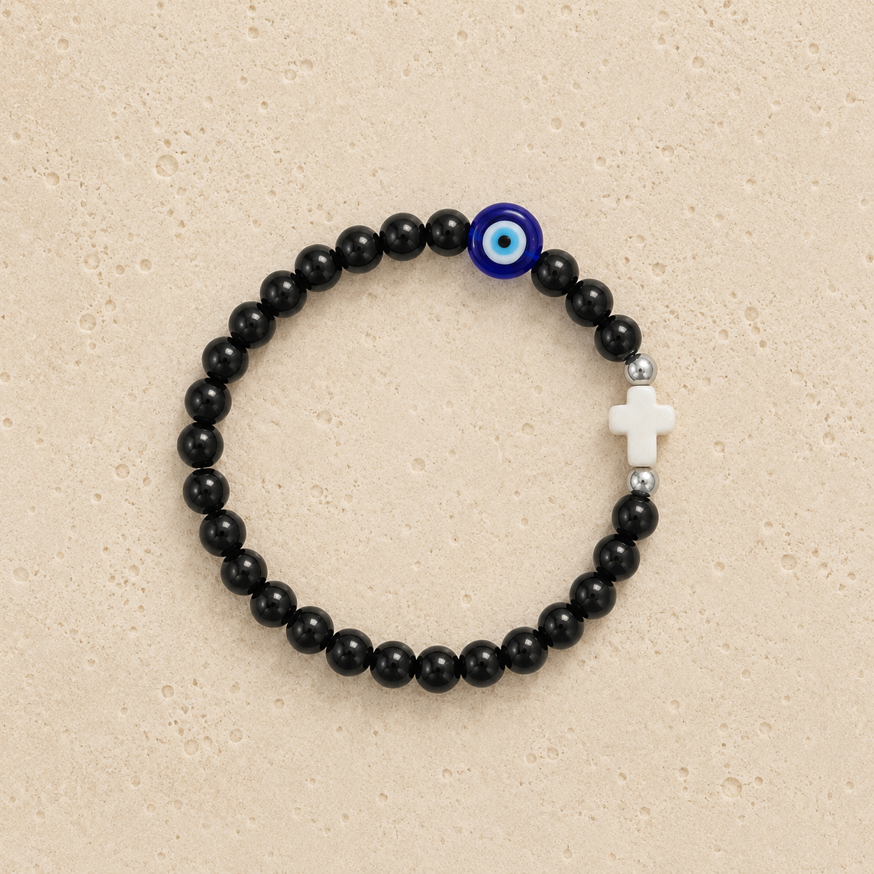 Cross & Evil Eye Beaded Mens Bracelet
