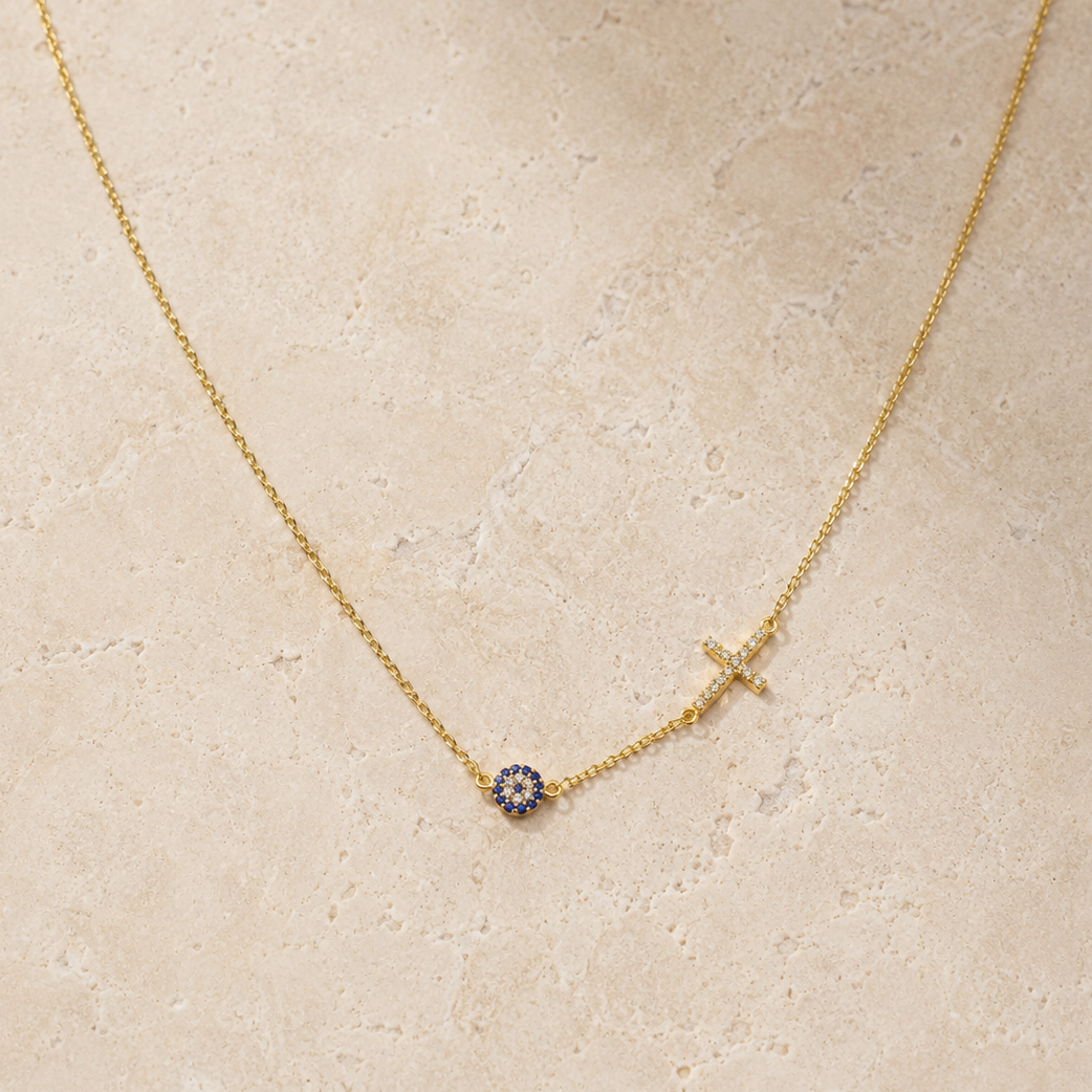 Cross & Evil Eye Gold Necklace
