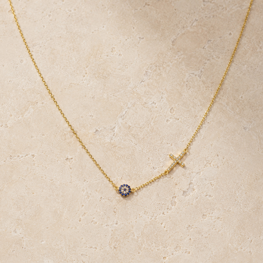 Cross & Evil Eye Gold Necklace