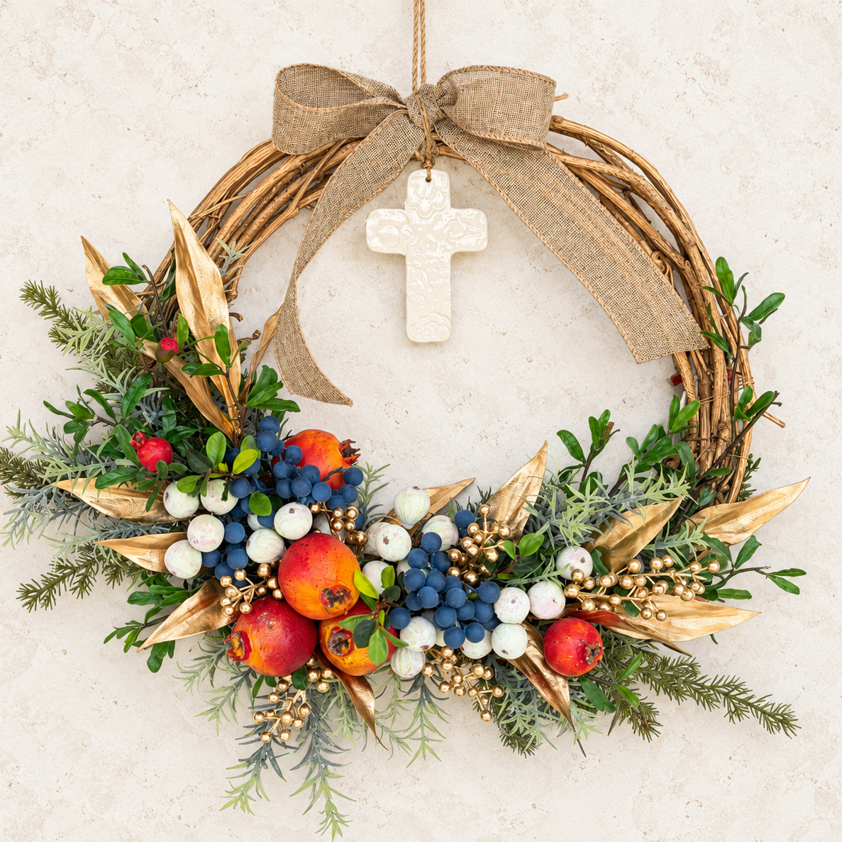 Handcrafted Pomegranate & White Cross Christmas Wreath