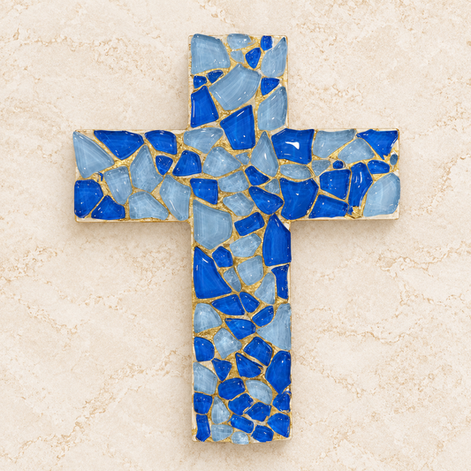 Blue Glass & Gold Leaf Mosaic Cross