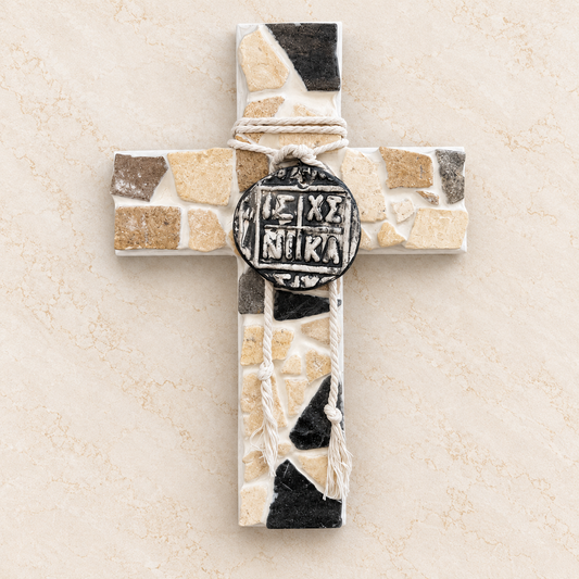 Cream & Charcoal Marble Chip Cross & Nika Ornament