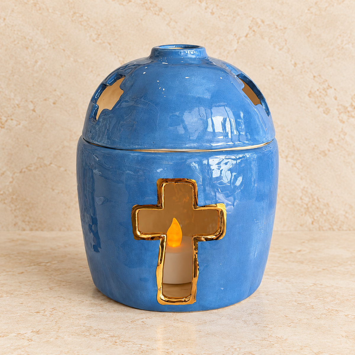 Blue Ceramic Cross Tea Light Holder