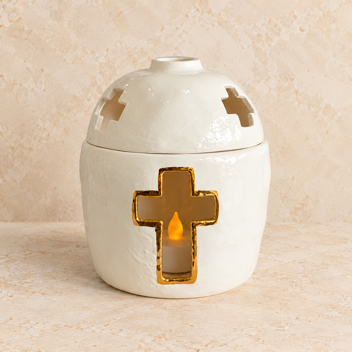 Cream Ceramic Cross Tea Light Holder