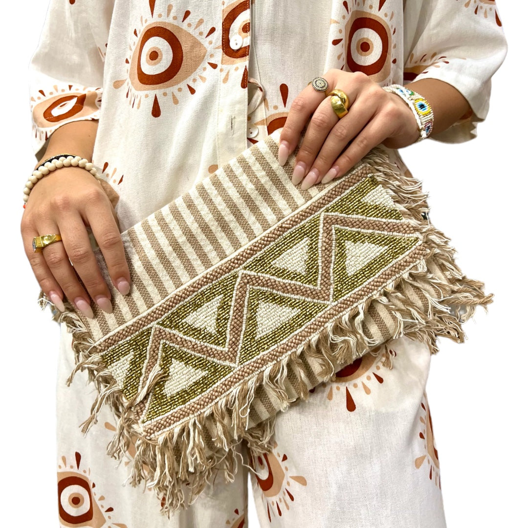 Beige Beaded Clutch Bag