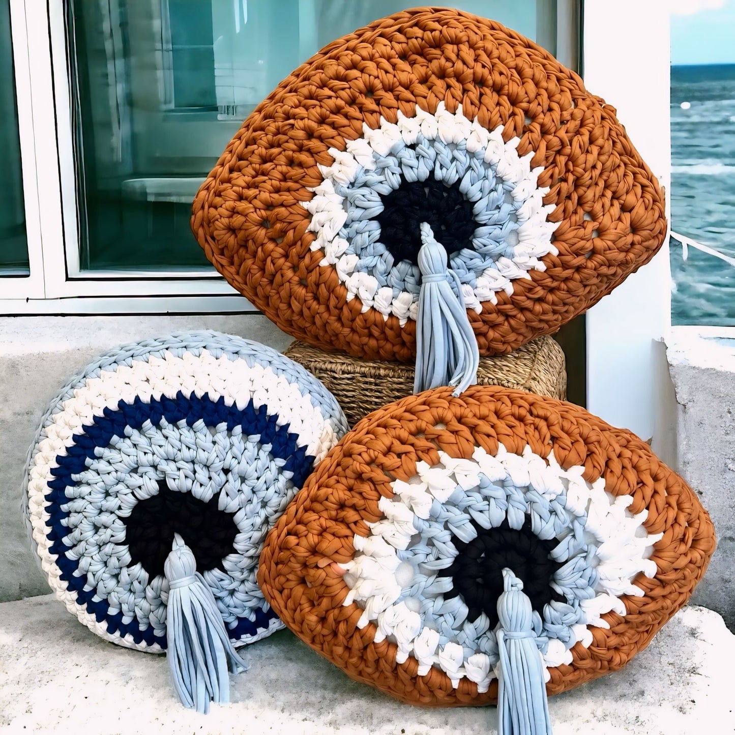 Hand Crocheted Round Mati Cushion Blue