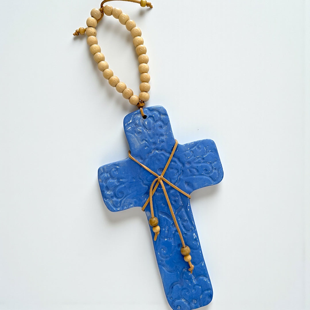 Patterned Blue Ceramic Cross