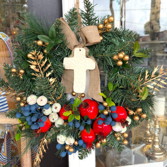 White Cross Berrys & Pomegranate Christmas Wreath