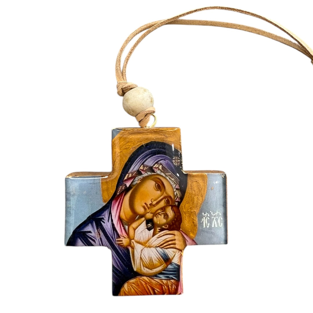 Mary & Jesus Wooden Cross Icon