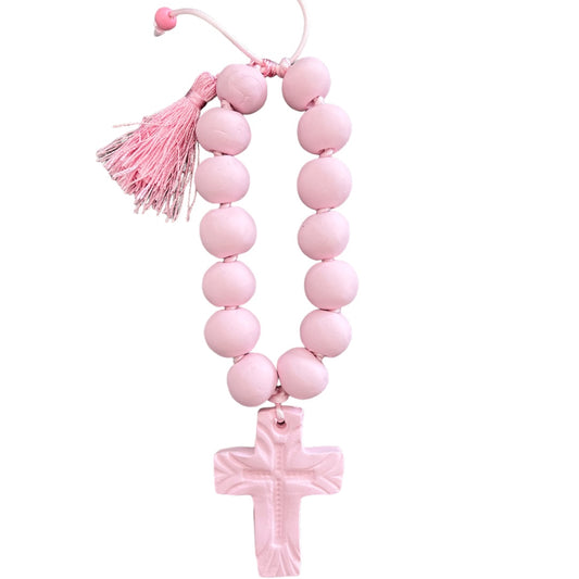 Baby Pink Clay Beaded Cross