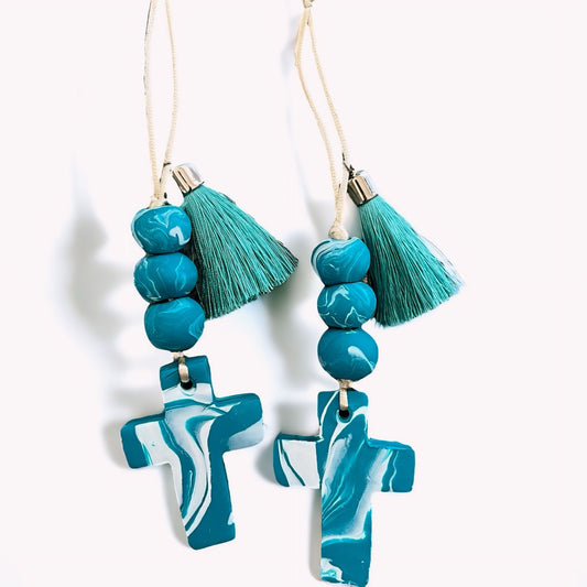 Marbled Turquoise Clay Cross Ornament