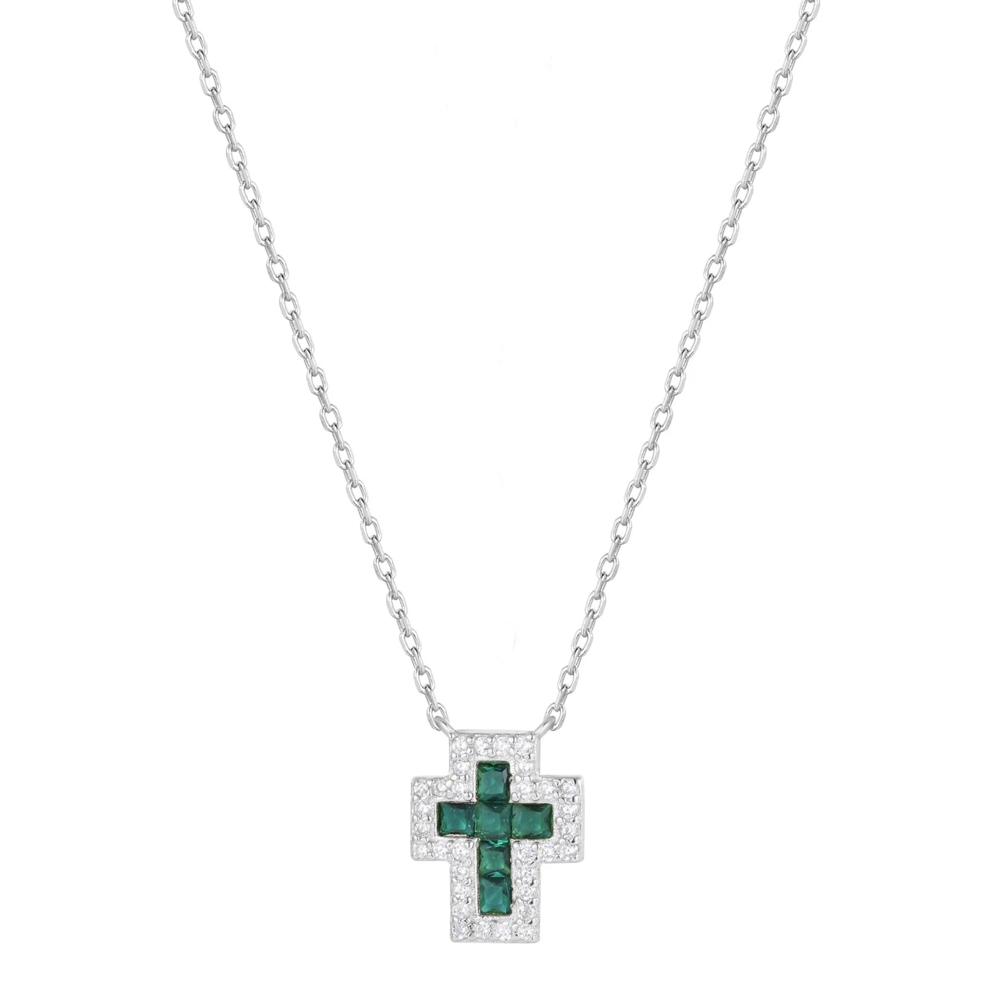 Emerald Cross Silver Necklace