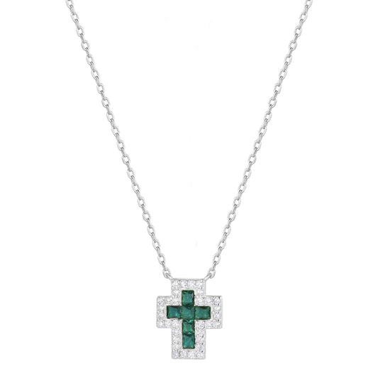 Emerald Cross Silver Necklace