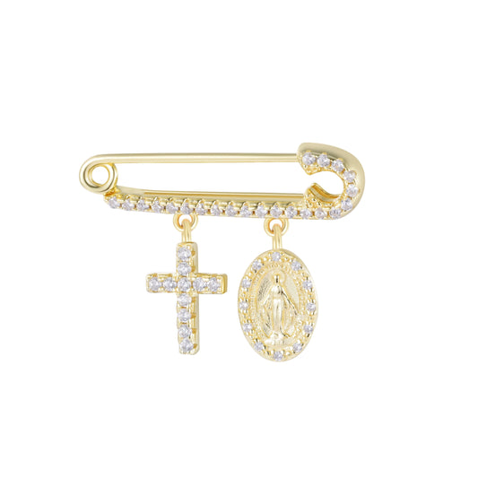 Mary And Cross Baby Gold Pin