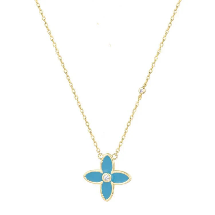 Blue Flower Necklace Gold