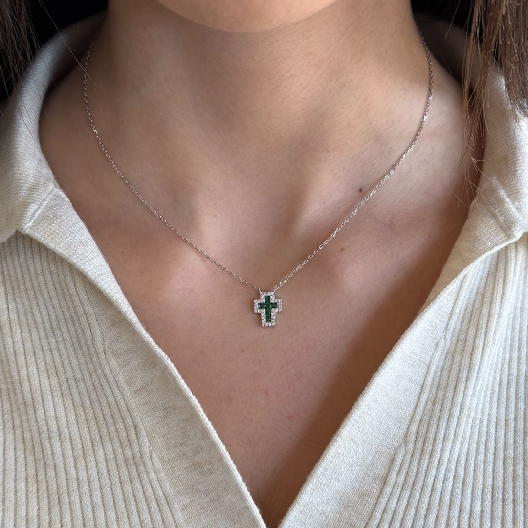 Emerald Cross Silver Necklace