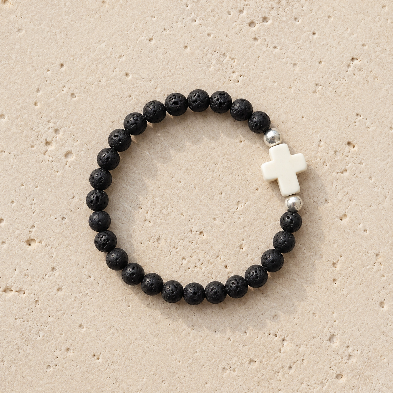 Children’s Lava Stone White Cross Hand Beaded Bracelet
