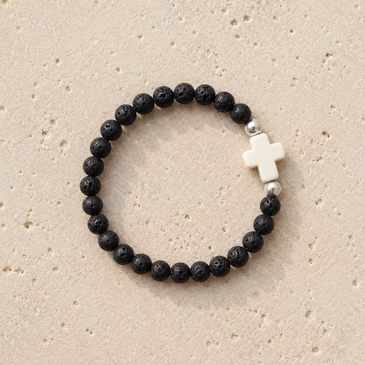 Children’s Lava Stone White Cross Hand Beaded Bracelet