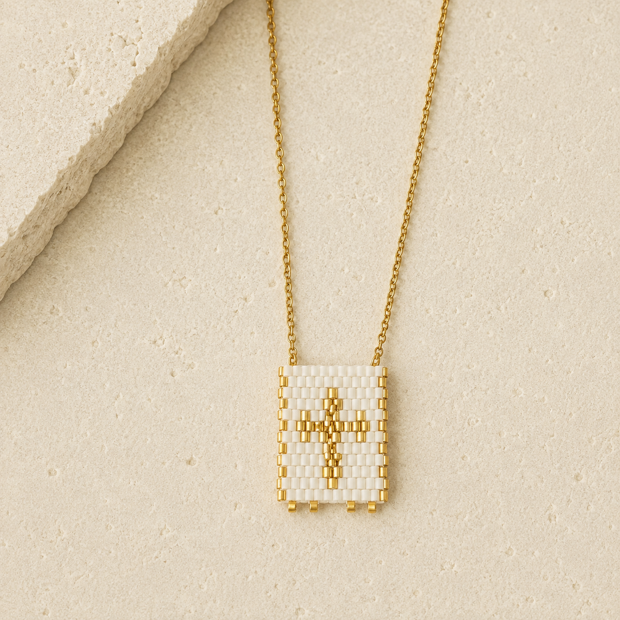 White & Gold Handwoven Cross Necklace
