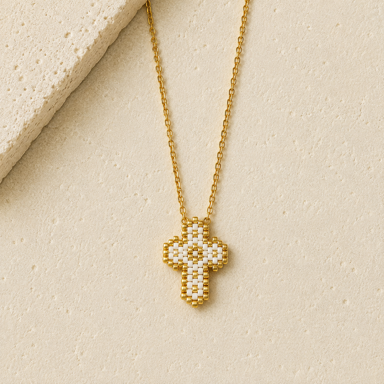 White & Gold Handwoven Cross Necklace