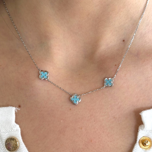 Blue Triple Mini Clover Necklace 925 Sterling Silver & Rhodium Platted
