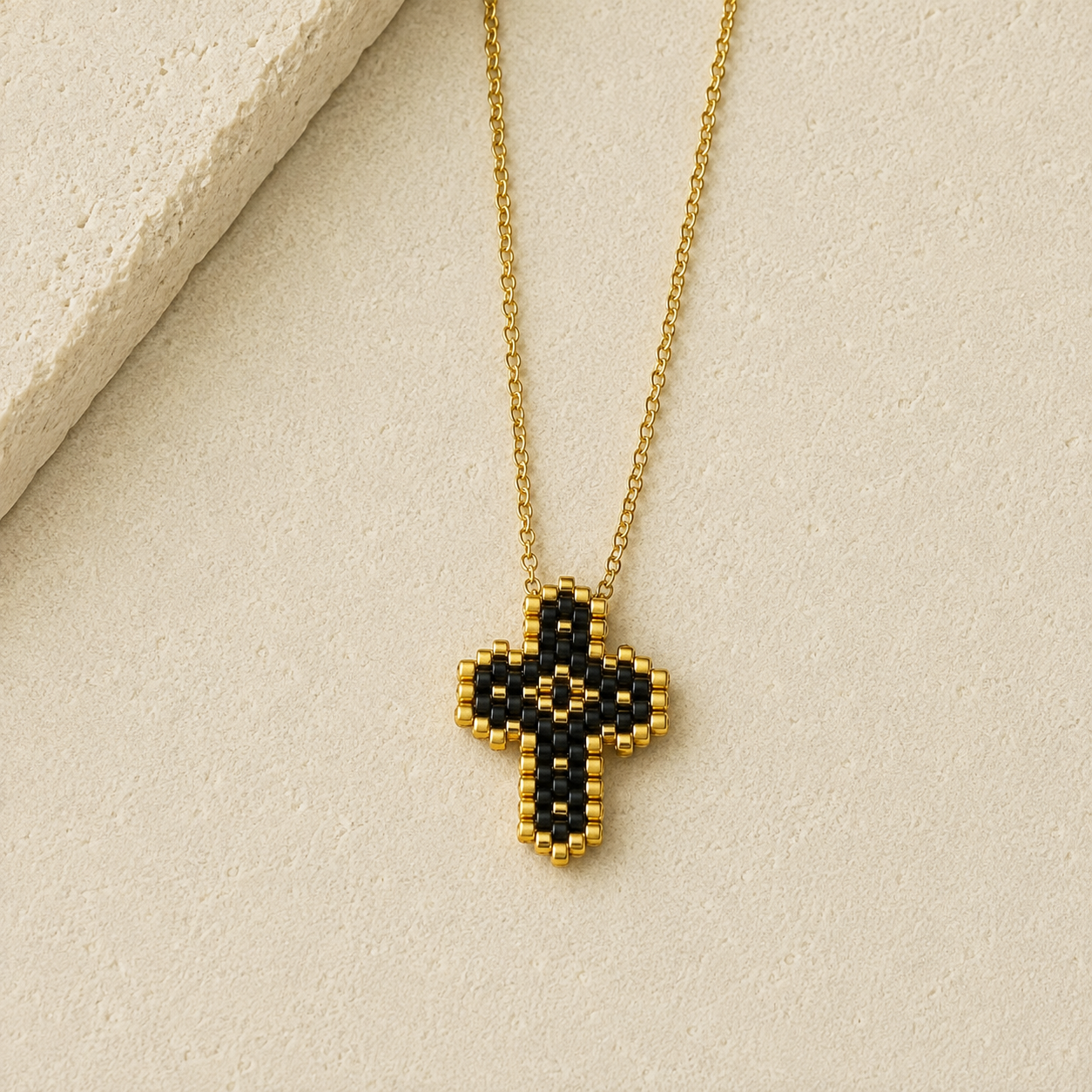 Black & Gold Handwoven Cross Necklace