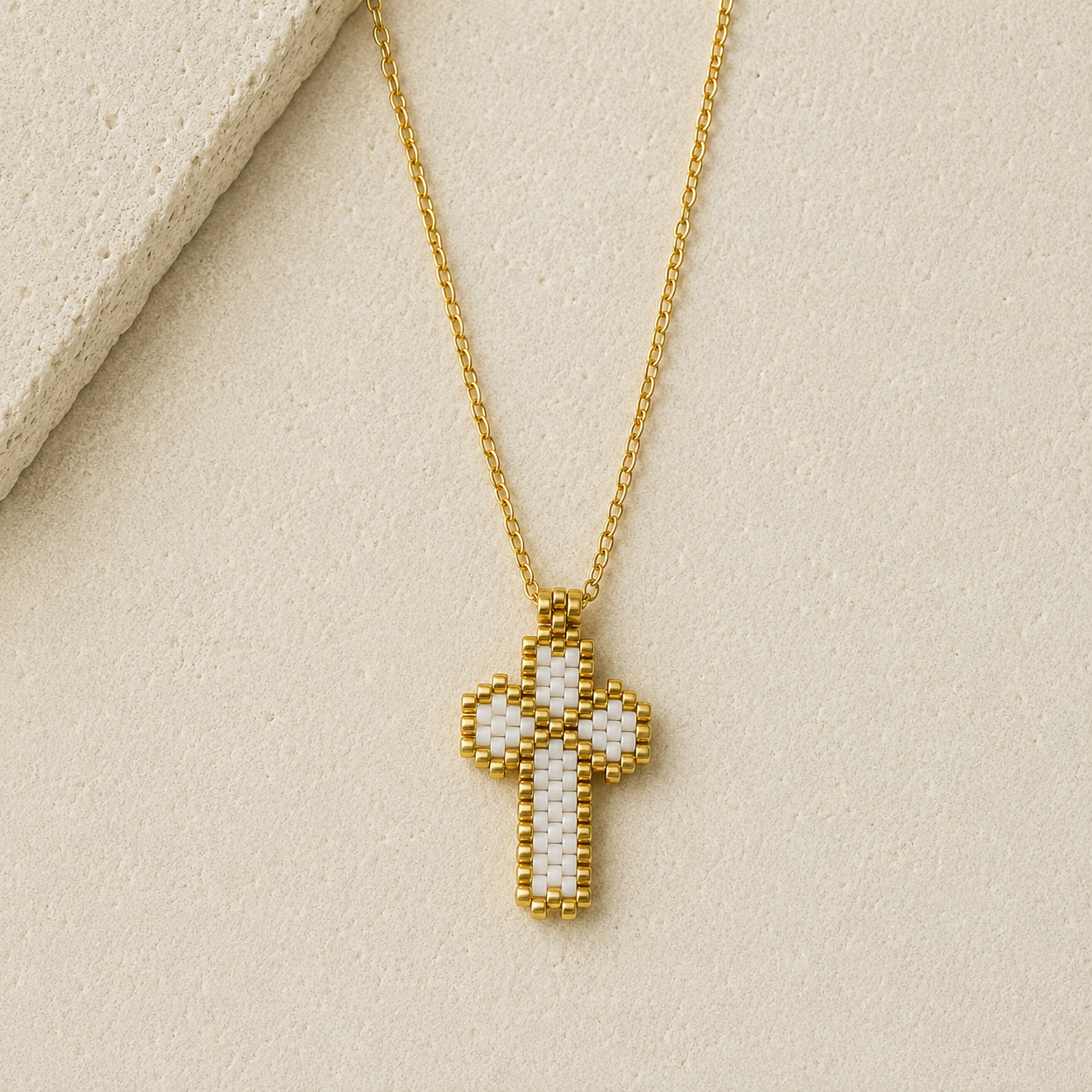 White & Gold Handwoven Cross Necklace