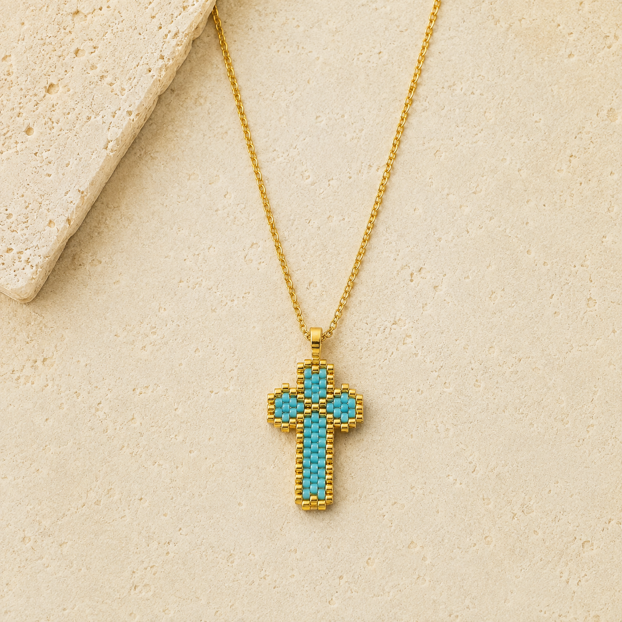 Blue & Gold Handwoven Cross Necklace