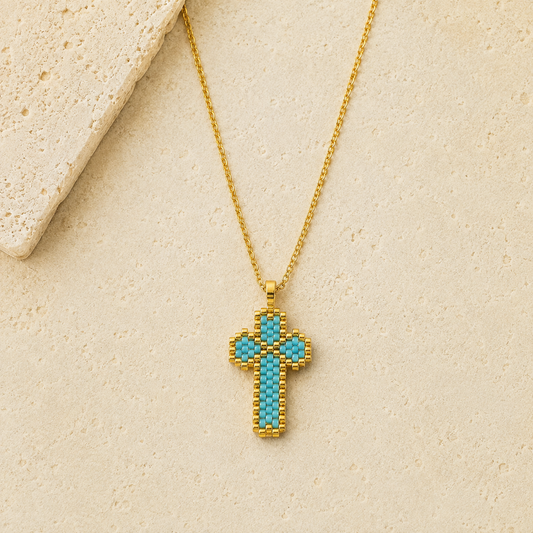 Blue & Gold Handwoven Cross Necklace
