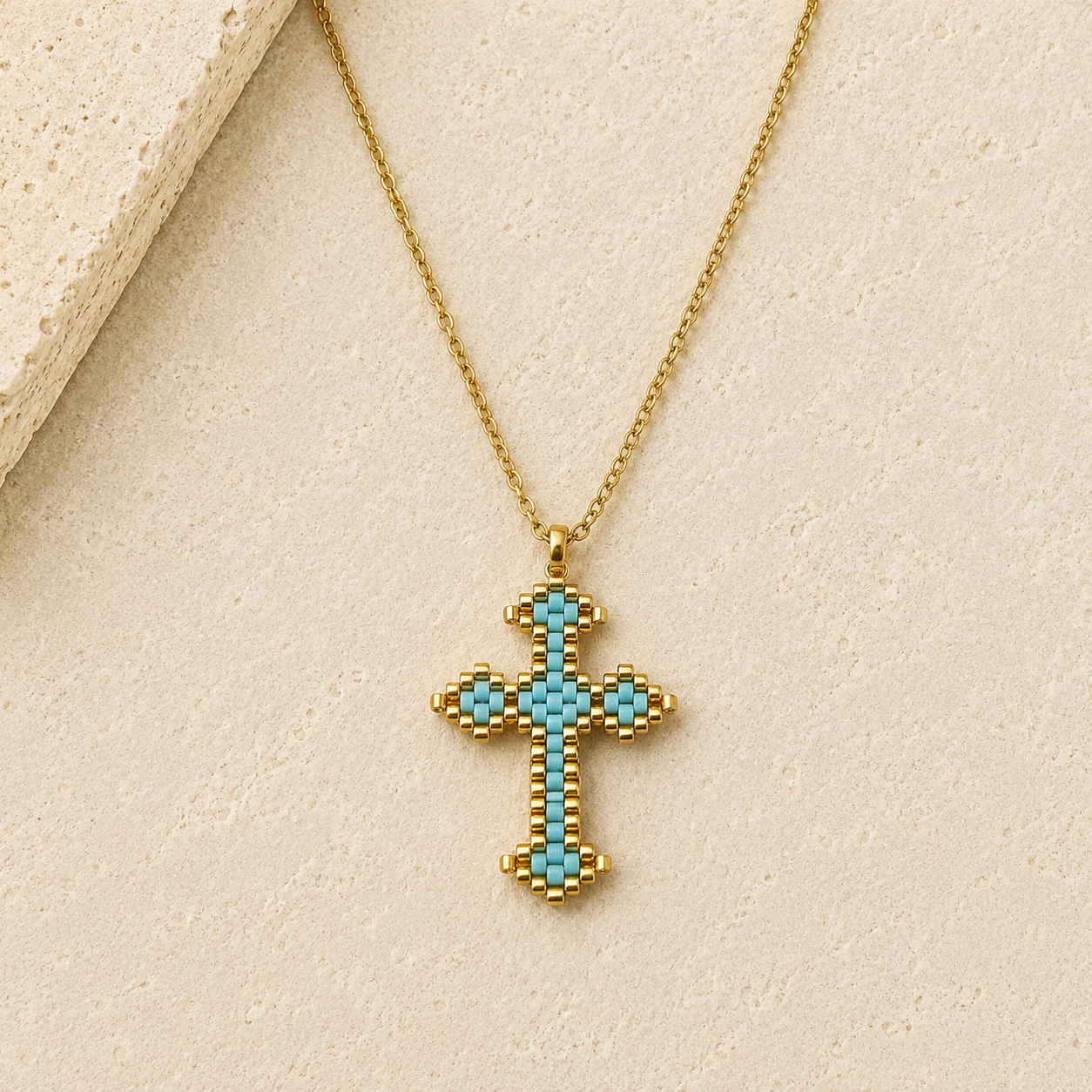 Blue & Gold Handwoven Cross Necklace