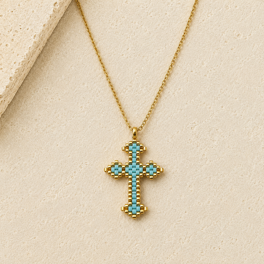 Blue & Gold Handwoven Cross Necklace