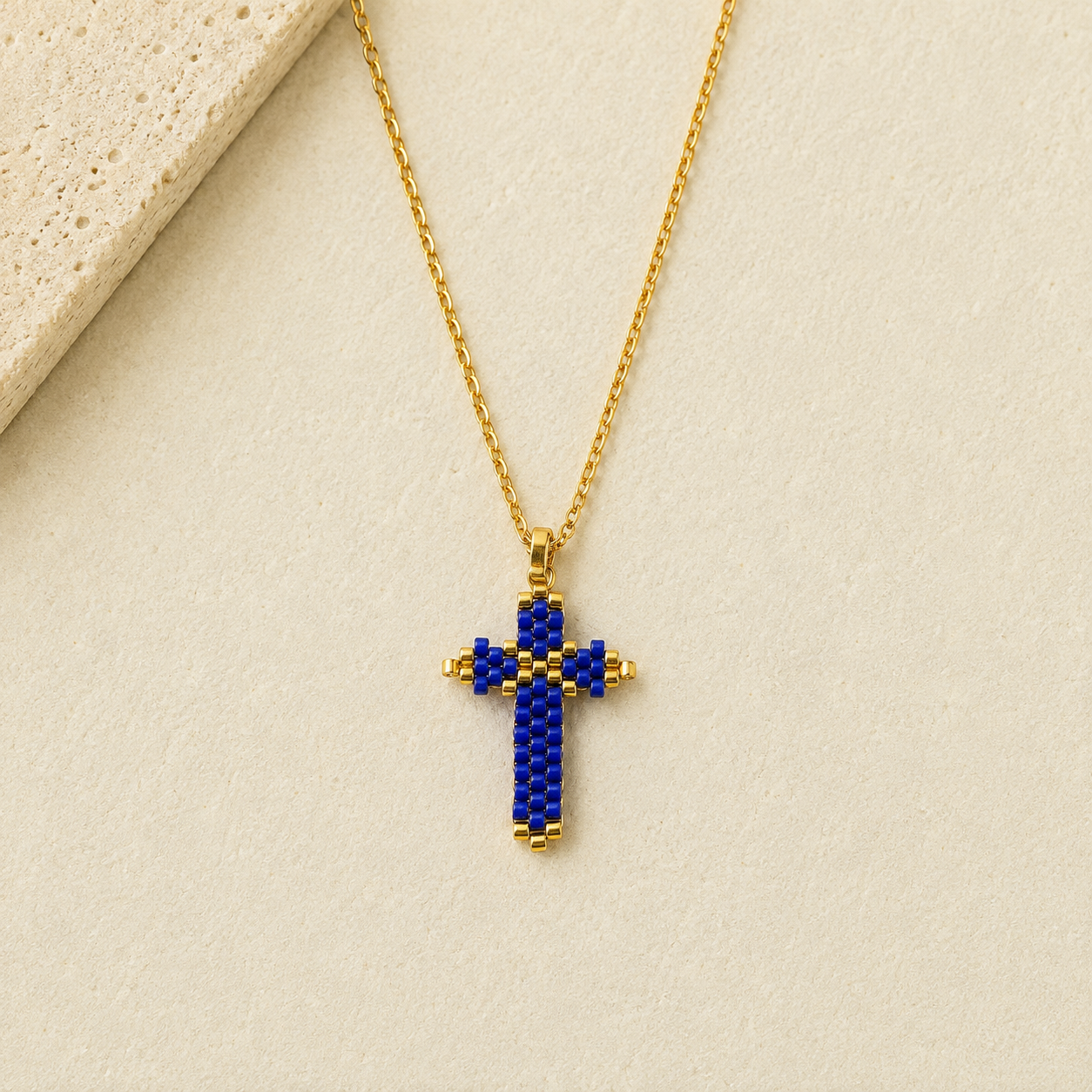 Blue & Gold Handwoven Cross Necklace
